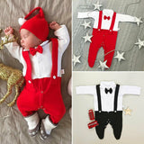 Newborn Baby Boys Footies Clothes Autumn Baby Boys Jumpsuits Red Black Bow Tie Pladysuits Long Sleeve Baby Boys Clothes Outfit