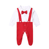 Newborn Baby Boys Footies Clothes Autumn Baby Boys Jumpsuits Red Black Bow Tie Pladysuits Long Sleeve Baby Boys Clothes Outfit