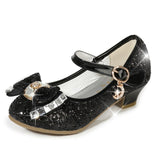 Princess Kids Leather Shoes for Girls Flower Casual Glitter Children High Heel Girls Shoes Butterfly Knot Blue Pink Silver